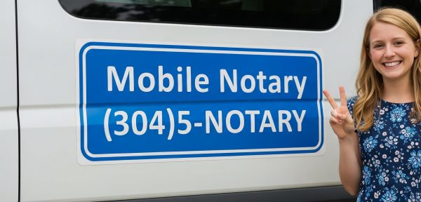 Teenage Daughter With Peace Sign Standing Beside Truck With "Mobile Notary" (304)5-NOTARY Magnet On The Door