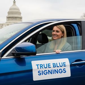 A Mobile Notary at the Capitol Building in a Blue Vehicle With a Magnet on it That Says "True Blue Signings"