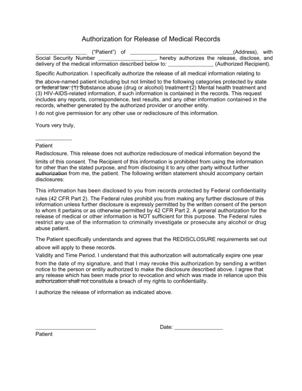 authorization of release of medical records